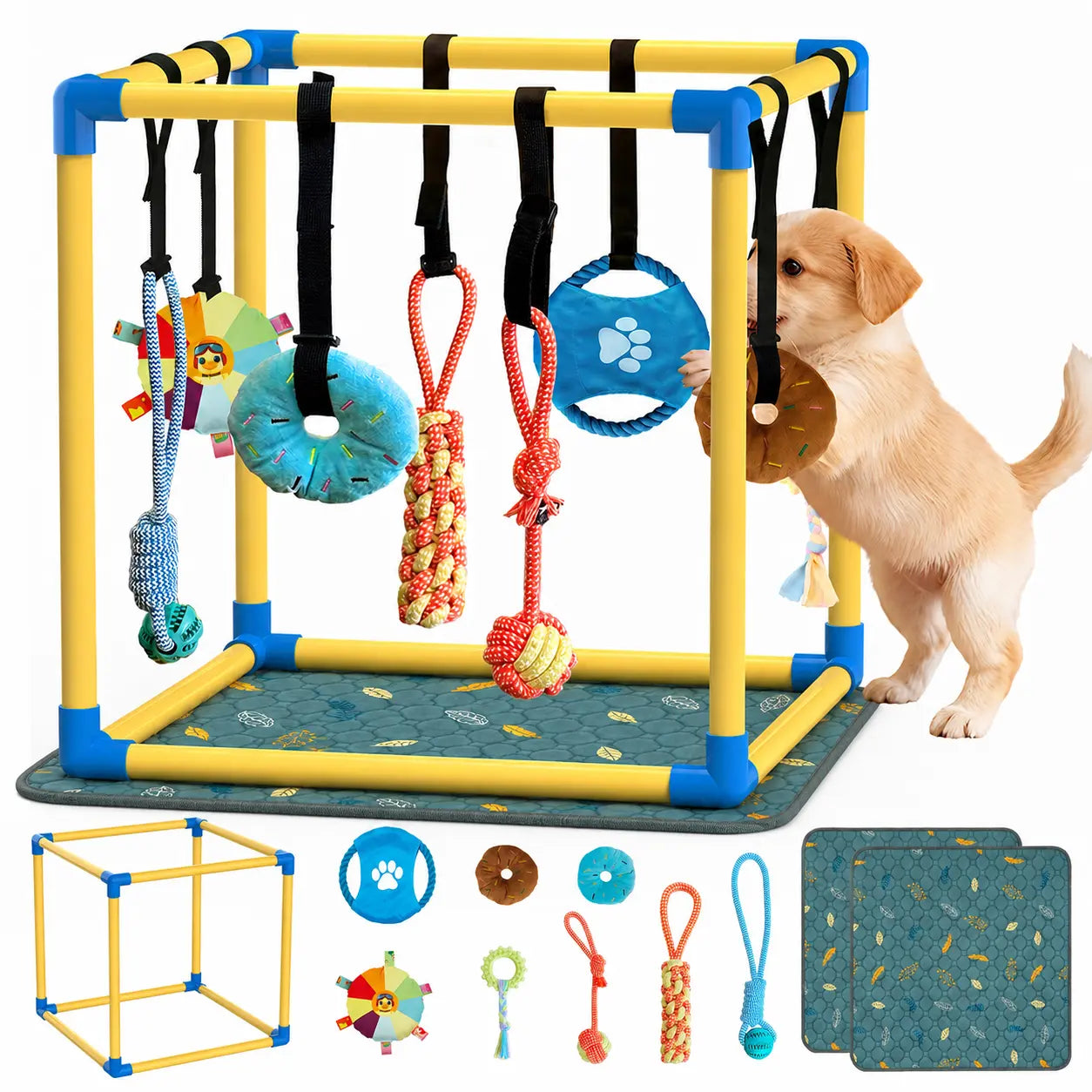 Indoor Puppy Play Set with PVC Frame, Velcro Rope, Foraging Snuffle Mat & 8 Toy Variety - Durable Training Aid for Interactive Indoor Enrichment for Small Dogs
