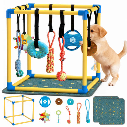 Indoor Puppy Play Set with PVC Frame, Velcro Rope, Foraging Snuffle Mat & 8 Toy Variety - Durable Training Aid for Interactive Indoor Enrichment for Small Dogs