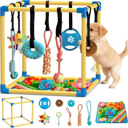 Indoor Puppy Play Set with PVC Frame, Velcro Rope, Foraging Snuffle Mat & 8 Toy Variety - Durable Training Aid for Interactive Indoor Enrichment for Small Dogs