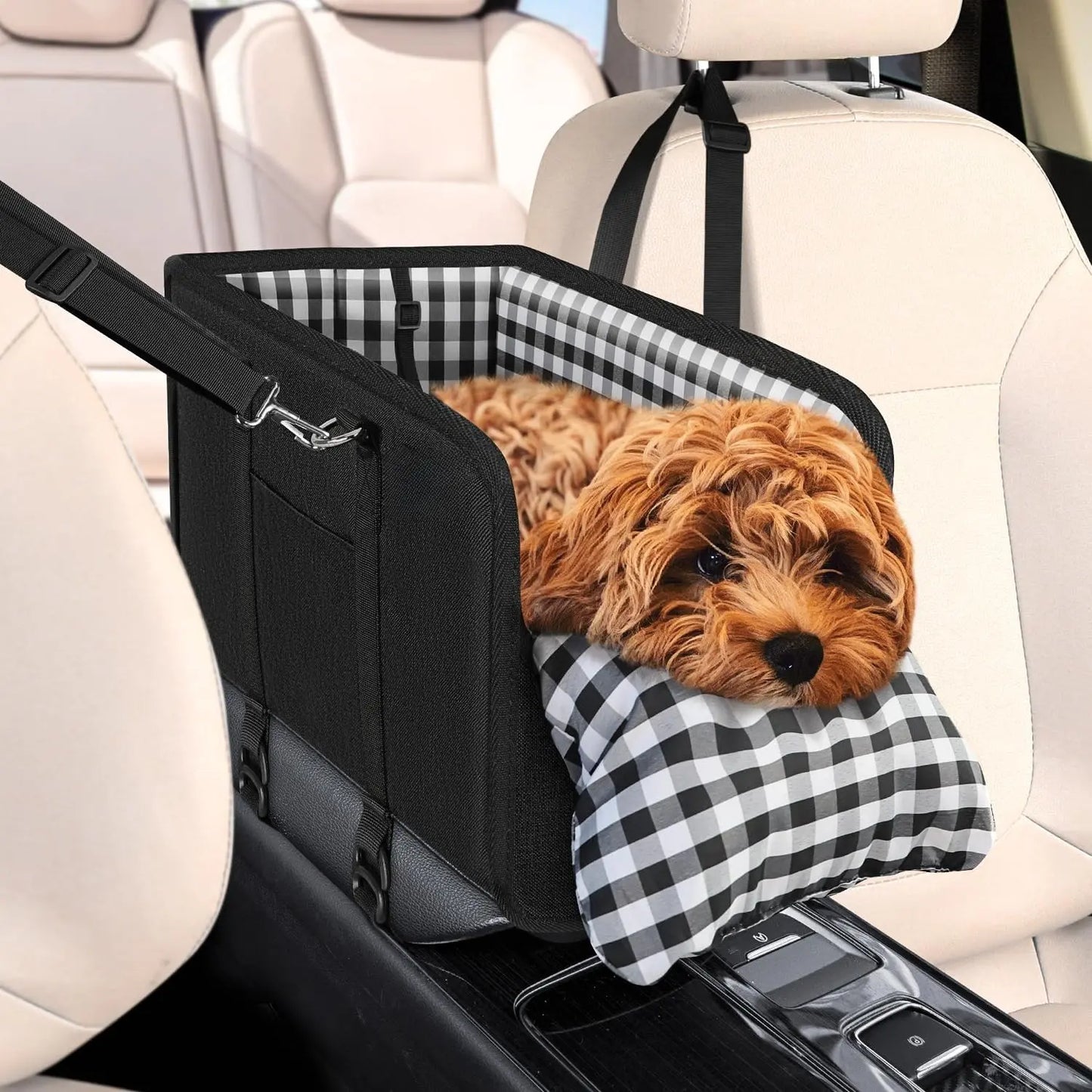 Premium Small Dog Car Seat Center Console Booster with Safety Leash - Portable Non-Slip Pet Travel Carrier for Small Breeds