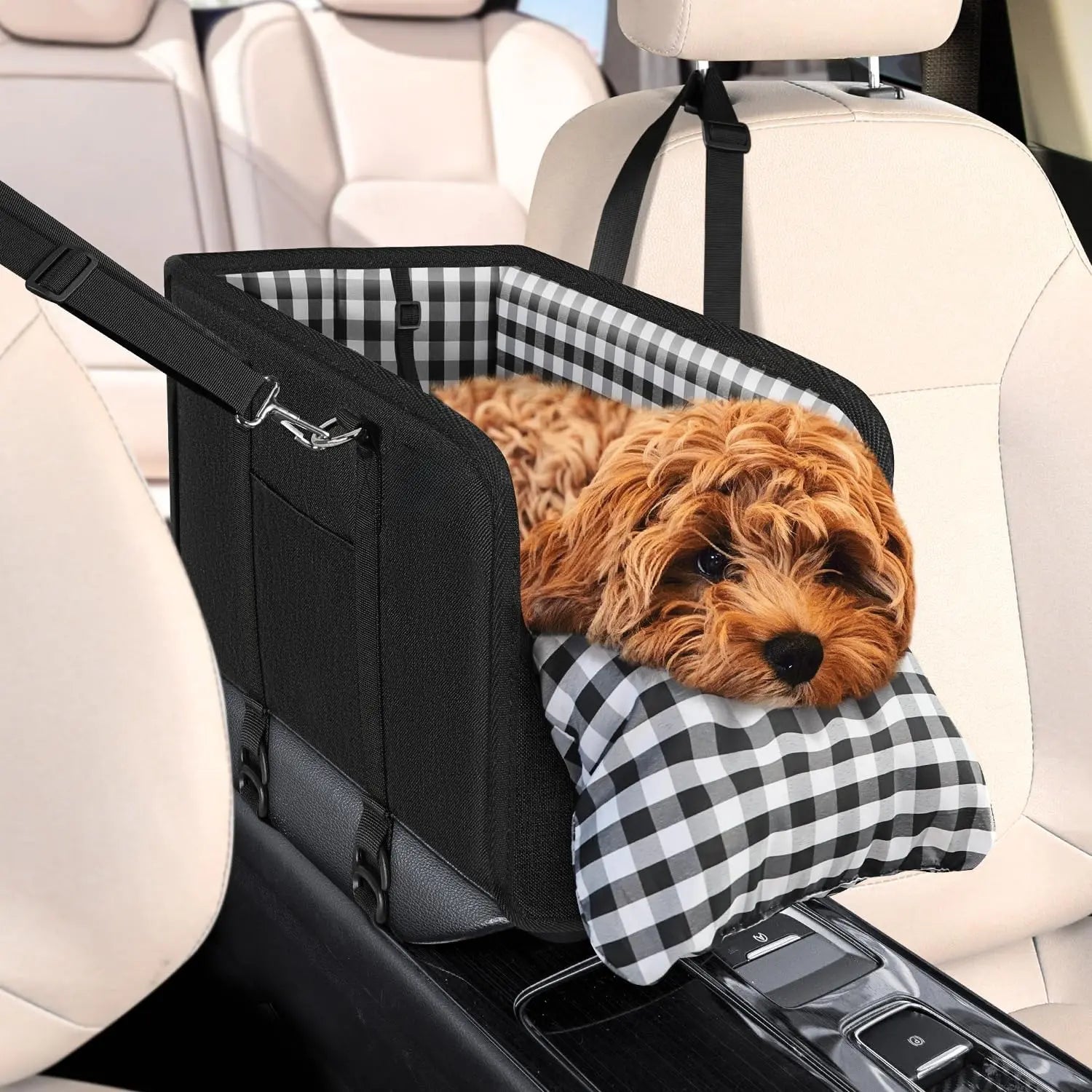 Premium Small Dog Car Seat Center Console Booster with Safety Leash - Portable Non-Slip Pet Travel Carrier for Small Breeds