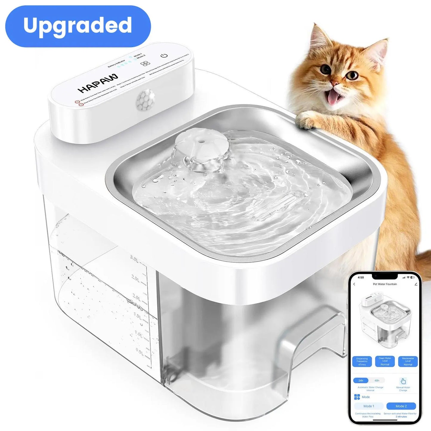 HAPAW Smart Cat Water Fountain: Advanced Filter-Free Hydration System with Wi-Fi Connectivity and Extended Battery Life for Optimal Pet Wellness
