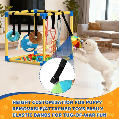 Indoor Puppy Play Set with PVC Frame, Velcro Rope, Foraging Snuffle Mat & 8 Toy Variety - Durable Training Aid for Interactive Indoor Enrichment for Small Dogs