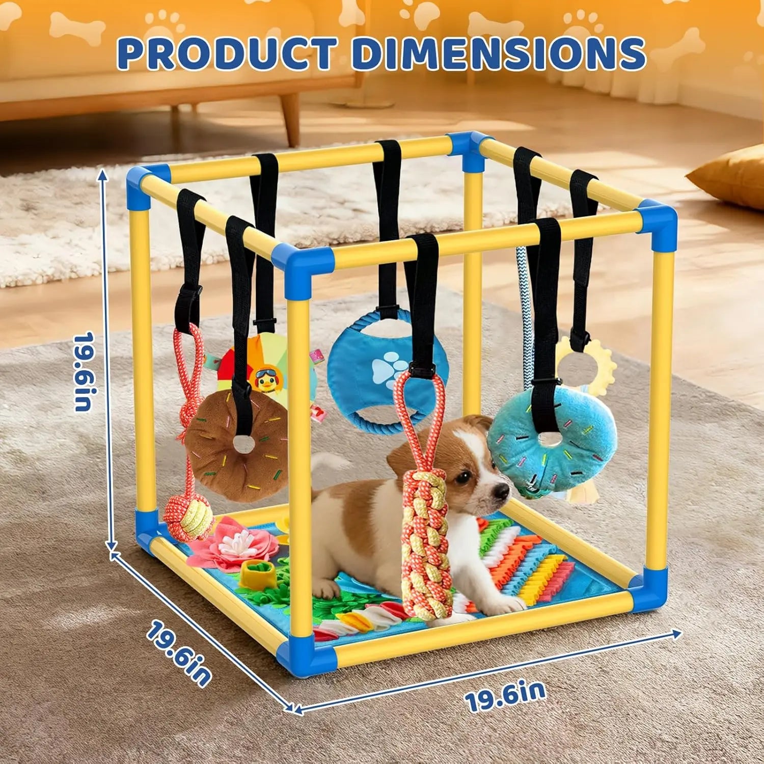 Indoor Puppy Play Set with PVC Frame, Velcro Rope, Foraging Snuffle Mat & 8 Toy Variety - Durable Training Aid for Interactive Indoor Enrichment for Small Dogs
