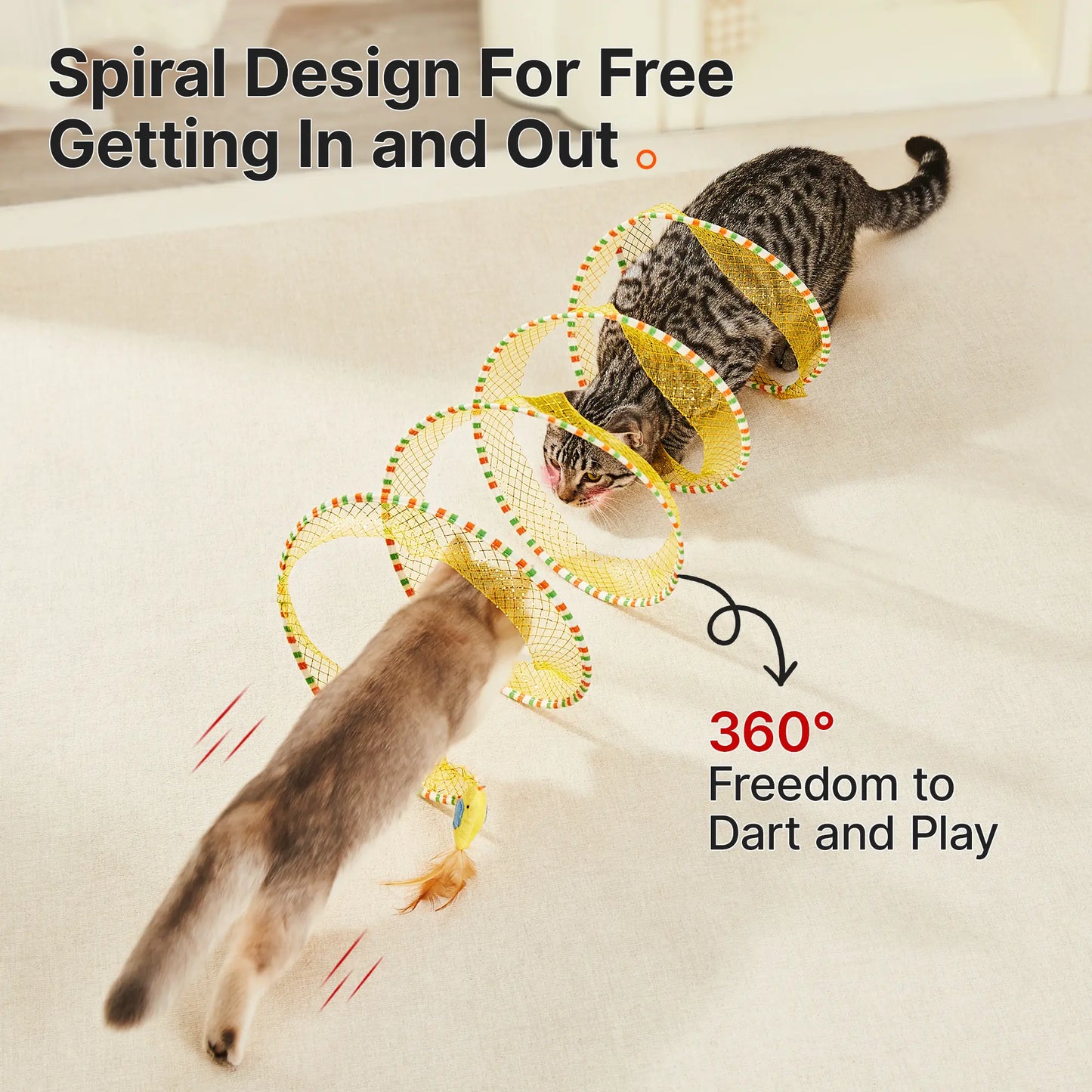 Potaroma Collapsible Spiral Cat Tunnel Toy with Feather and Bell for Indoor Kittens and Cats, 20 Inches Unfolded