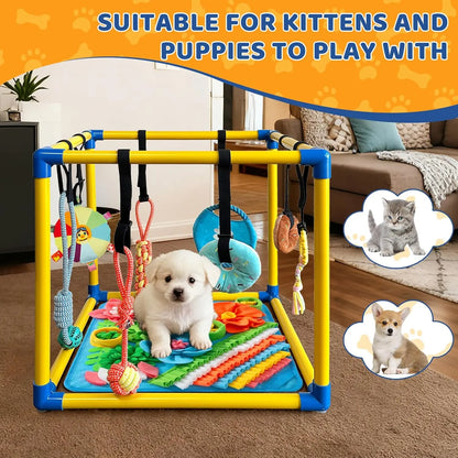 Indoor Puppy Play Set with PVC Frame, Velcro Rope, Foraging Snuffle Mat & 8 Toy Variety - Durable Training Aid for Interactive Indoor Enrichment for Small Dogs