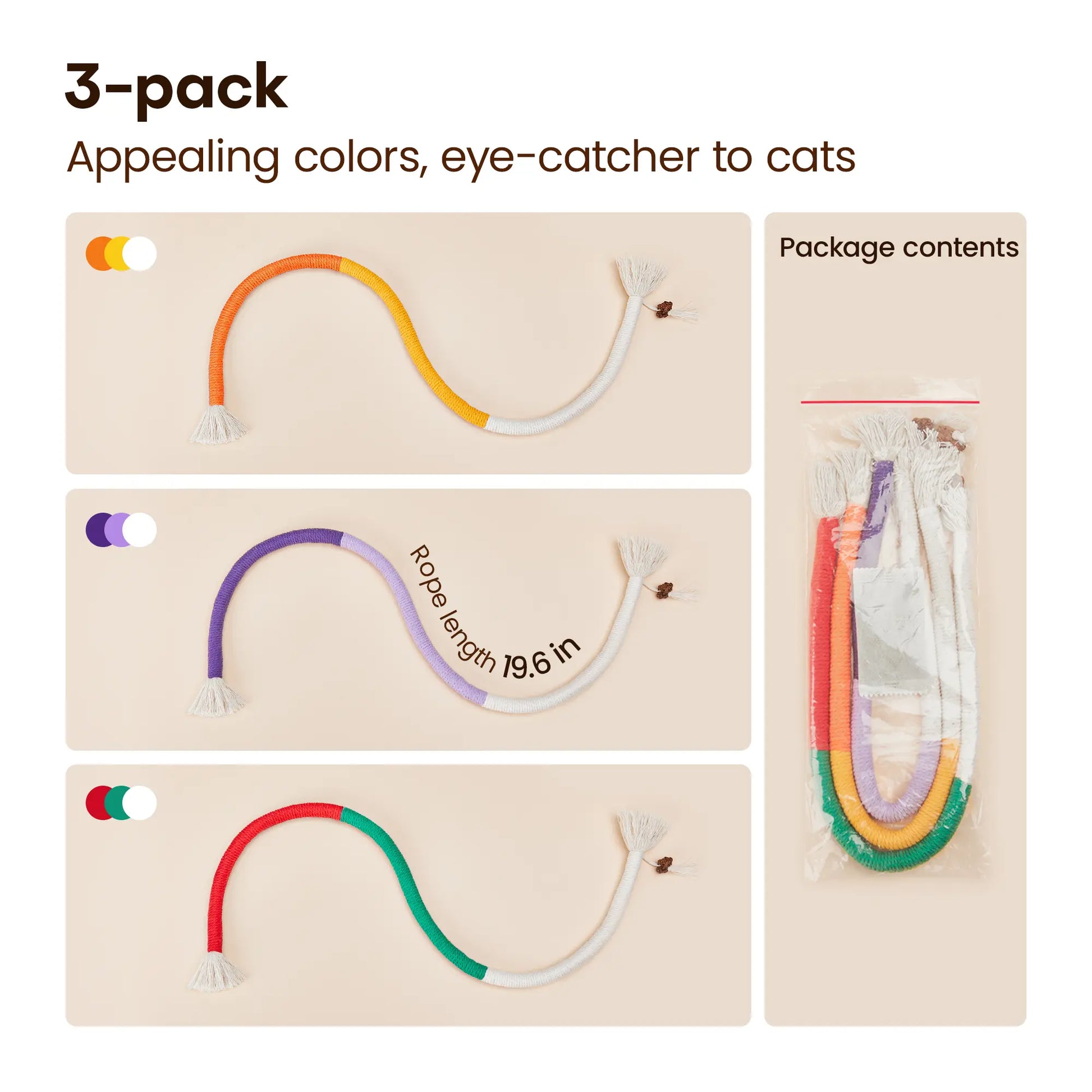 Potaroma 3-Pack Organic Cotton Snake-Shaped Interactive Cat Chew Ropes - Dental Care Toys for Indoor Kittens, Promotes Calmness, Reduces Tartar Buildup, Freshens Breath, Encourages Indoor Play