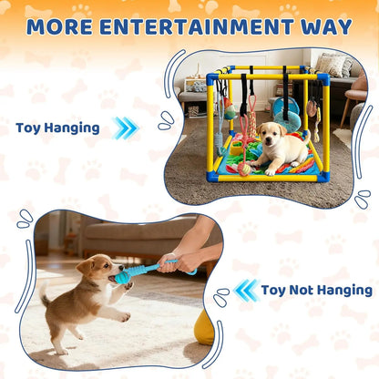 Indoor Puppy Play Set with PVC Frame, Velcro Rope, Foraging Snuffle Mat & 8 Toy Variety - Durable Training Aid for Interactive Indoor Enrichment for Small Dogs