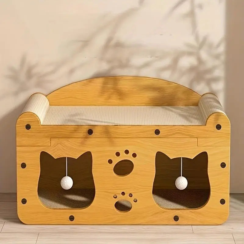 2-in-1 Cat Bed with Scratching Board - Durable Double Layer Design for Indoor Cats, Stylish and Comfortable Pet Furniture Suitable for Multiple Cats, All Seasons, Wooden Construction