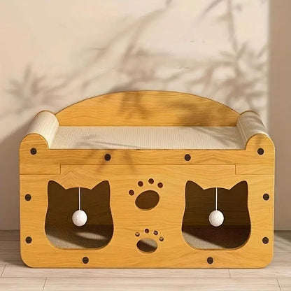 2-in-1 Cat Bed with Scratching Board - Durable Double Layer Design for Indoor Cats, Stylish and Comfortable Pet Furniture Suitable for Multiple Cats, All Seasons, Wooden Construction