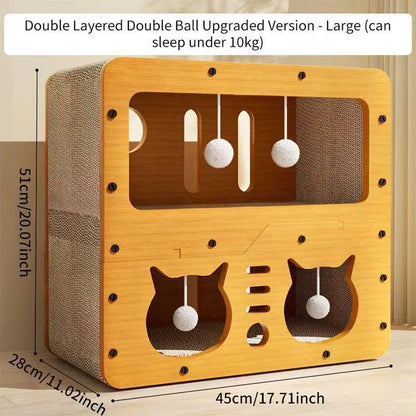 2-in-1 Cat Bed with Scratching Board - Durable Double Layer Design for Indoor Cats, Stylish and Comfortable Pet Furniture Suitable for Multiple Cats, All Seasons, Wooden Construction