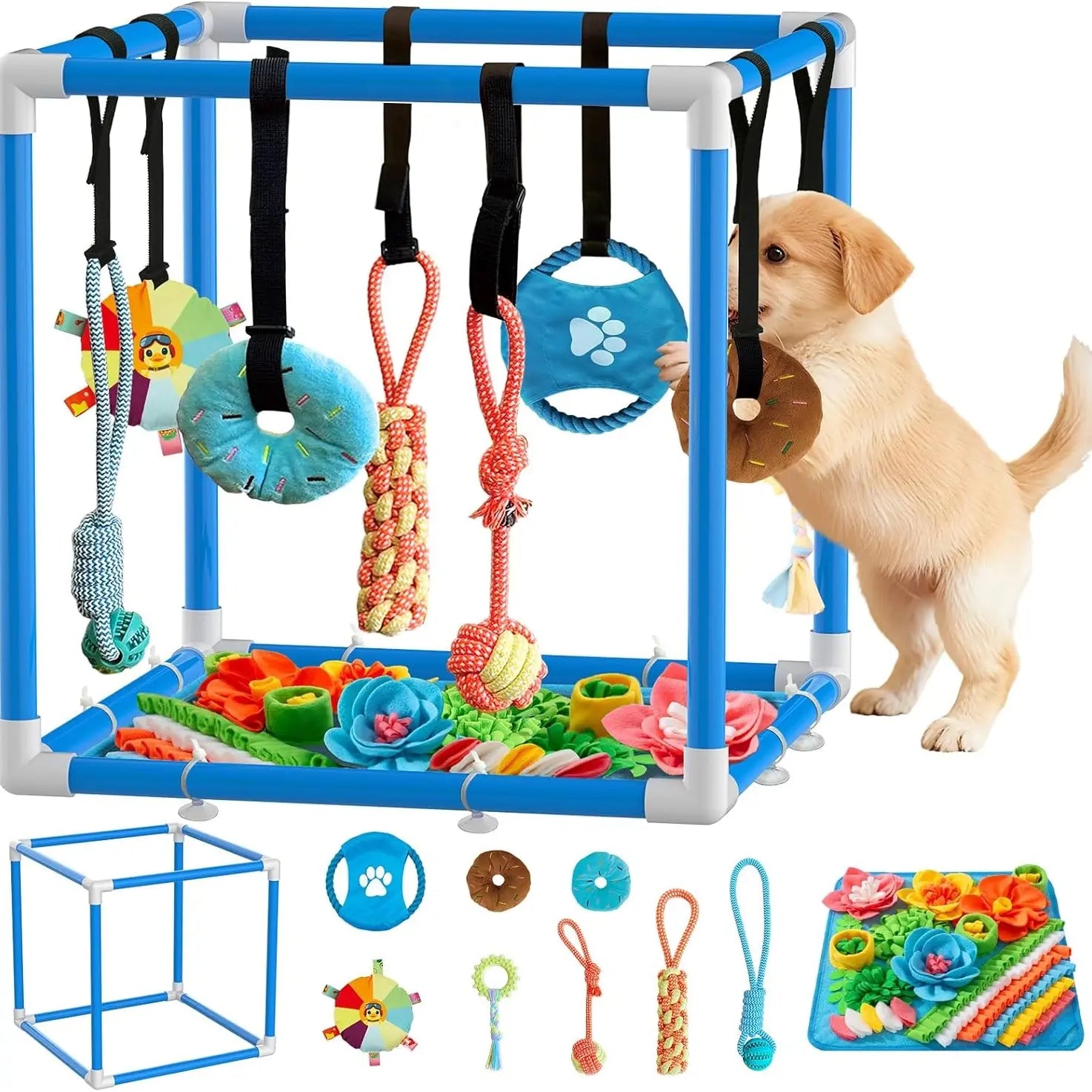 Indoor Puppy Play Set with PVC Frame, Velcro Rope, Foraging Snuffle Mat & 8 Toy Variety - Durable Training Aid for Interactive Indoor Enrichment for Small Dogs