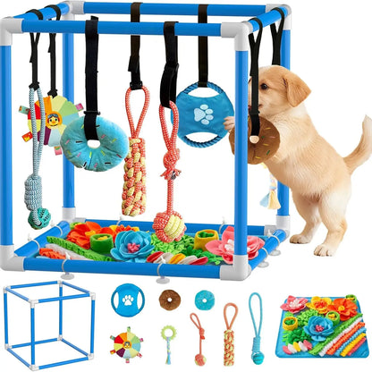 Indoor Puppy Play Set with PVC Frame, Velcro Rope, Foraging Snuffle Mat & 8 Toy Variety - Durable Training Aid for Interactive Indoor Enrichment for Small Dogs