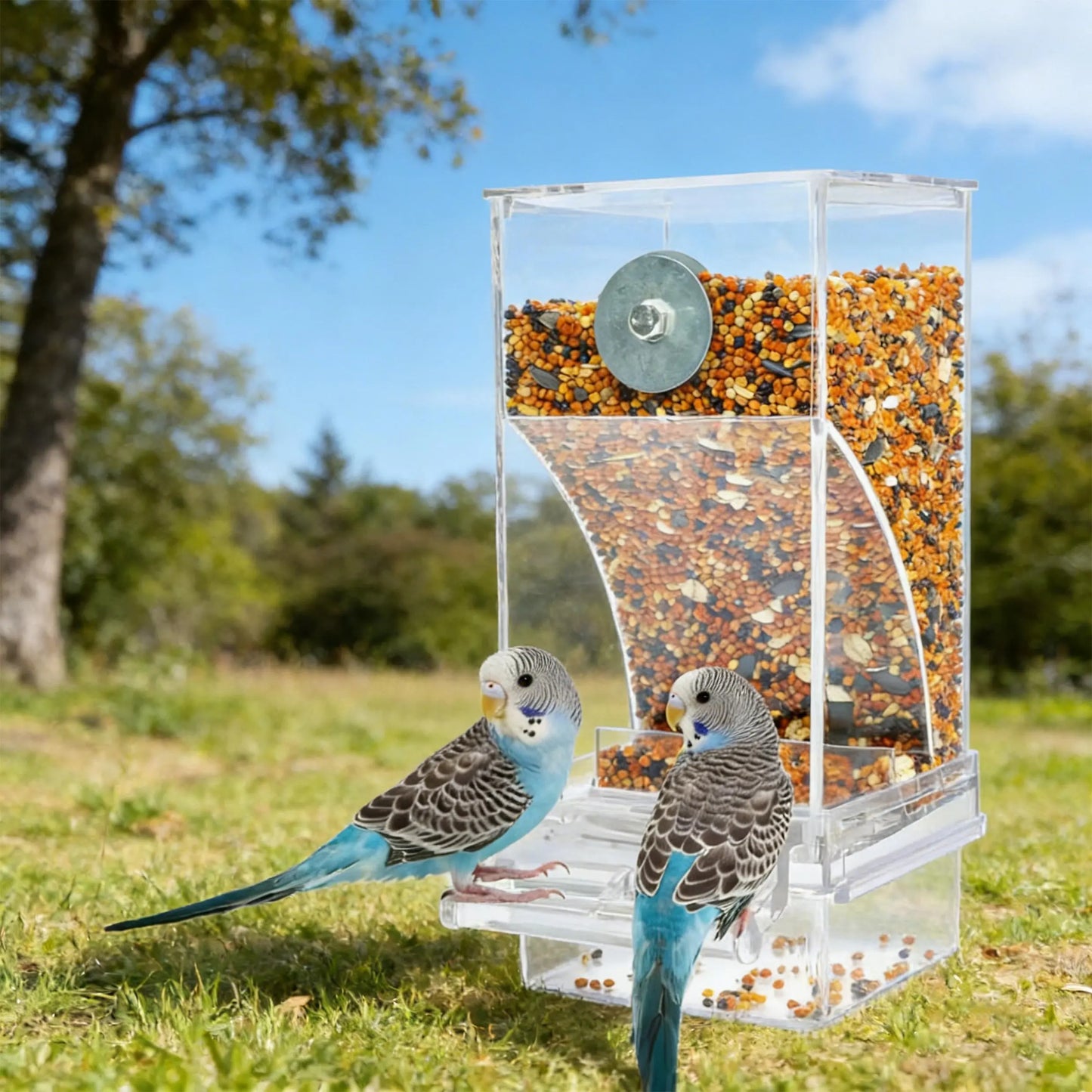 Automatic Clear Cage Bird Feeder with No-Drill Installation | Effortless Seed Dispenser for Parakeets, Cockatiels, Canaries, Lovebirds, Conures, and Cockatoos | Perfect for Small to Medium Birds and Avian Enthusiasts