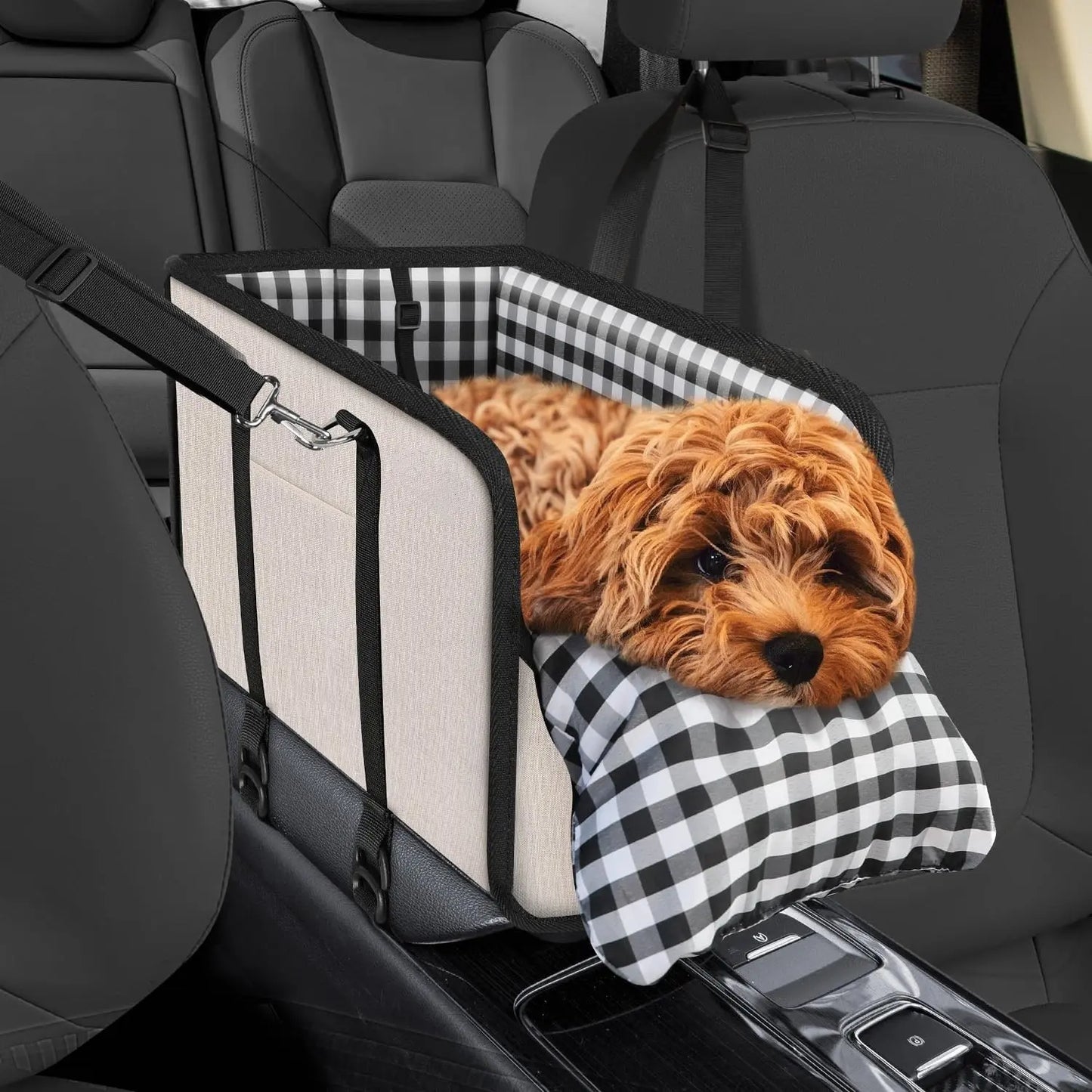 Premium Small Dog Car Seat Center Console Booster with Safety Leash - Portable Non-Slip Pet Travel Carrier for Small Breeds