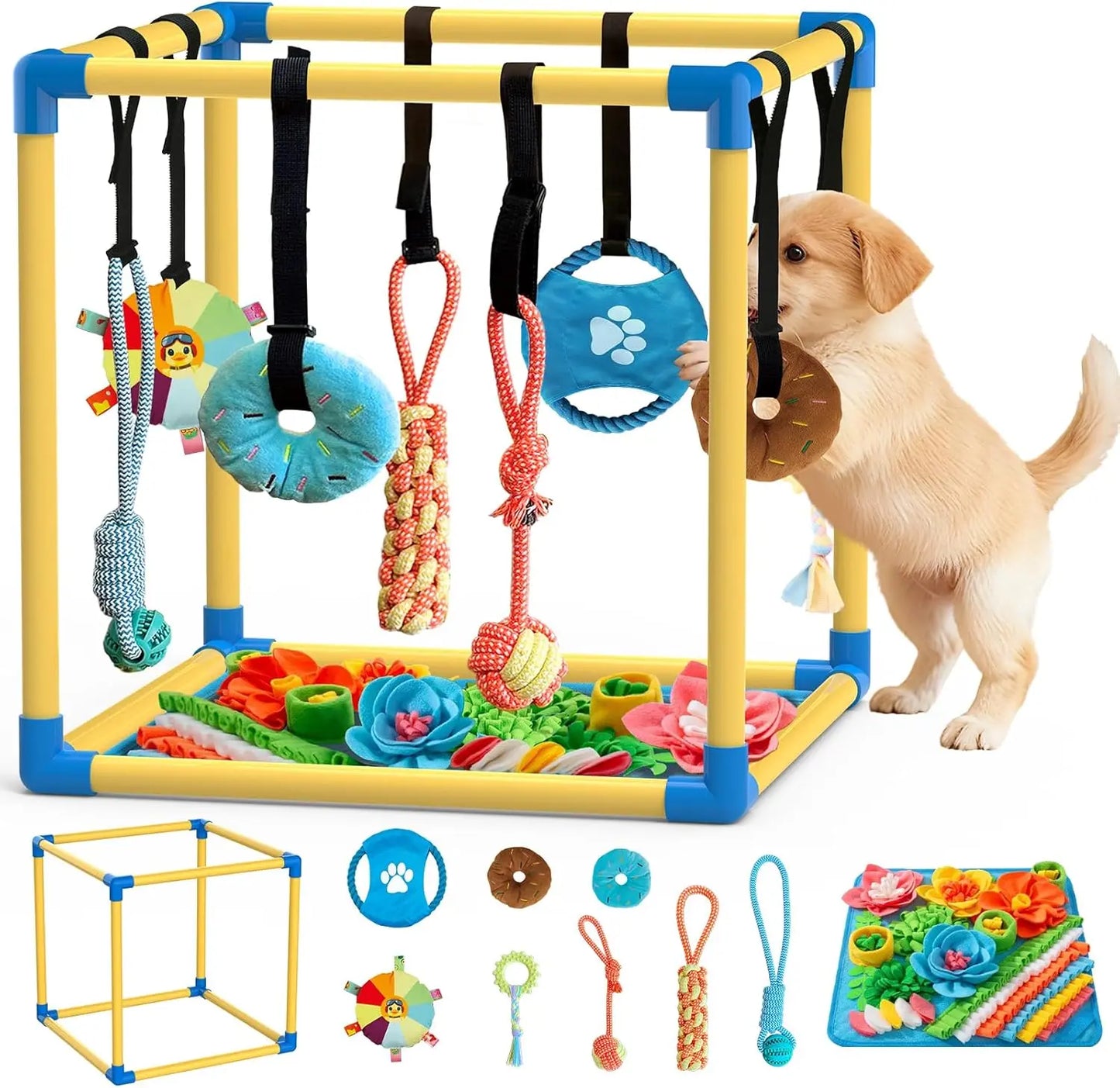 Indoor Puppy Play Set with PVC Frame, Velcro Rope, Foraging Snuffle Mat & 8 Toy Variety - Durable Training Aid for Interactive Indoor Enrichment for Small Dogs