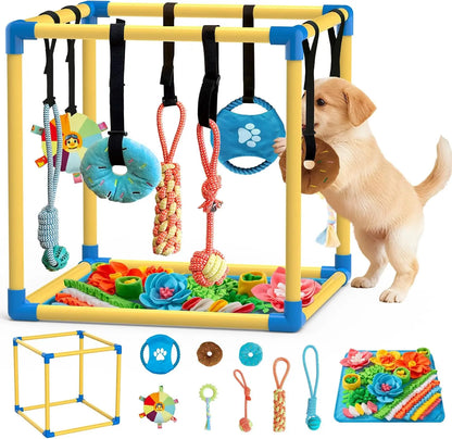 Indoor Puppy Play Set with PVC Frame, Velcro Rope, Foraging Snuffle Mat & 8 Toy Variety - Durable Training Aid for Interactive Indoor Enrichment for Small Dogs