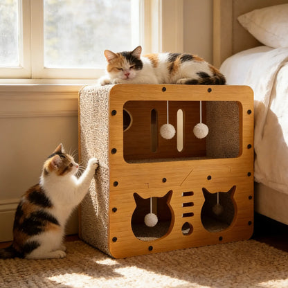 2-in-1 Cat Bed with Scratching Board - Durable Double Layer Design for Indoor Cats, Stylish and Comfortable Pet Furniture Suitable for Multiple Cats, All Seasons, Wooden Construction