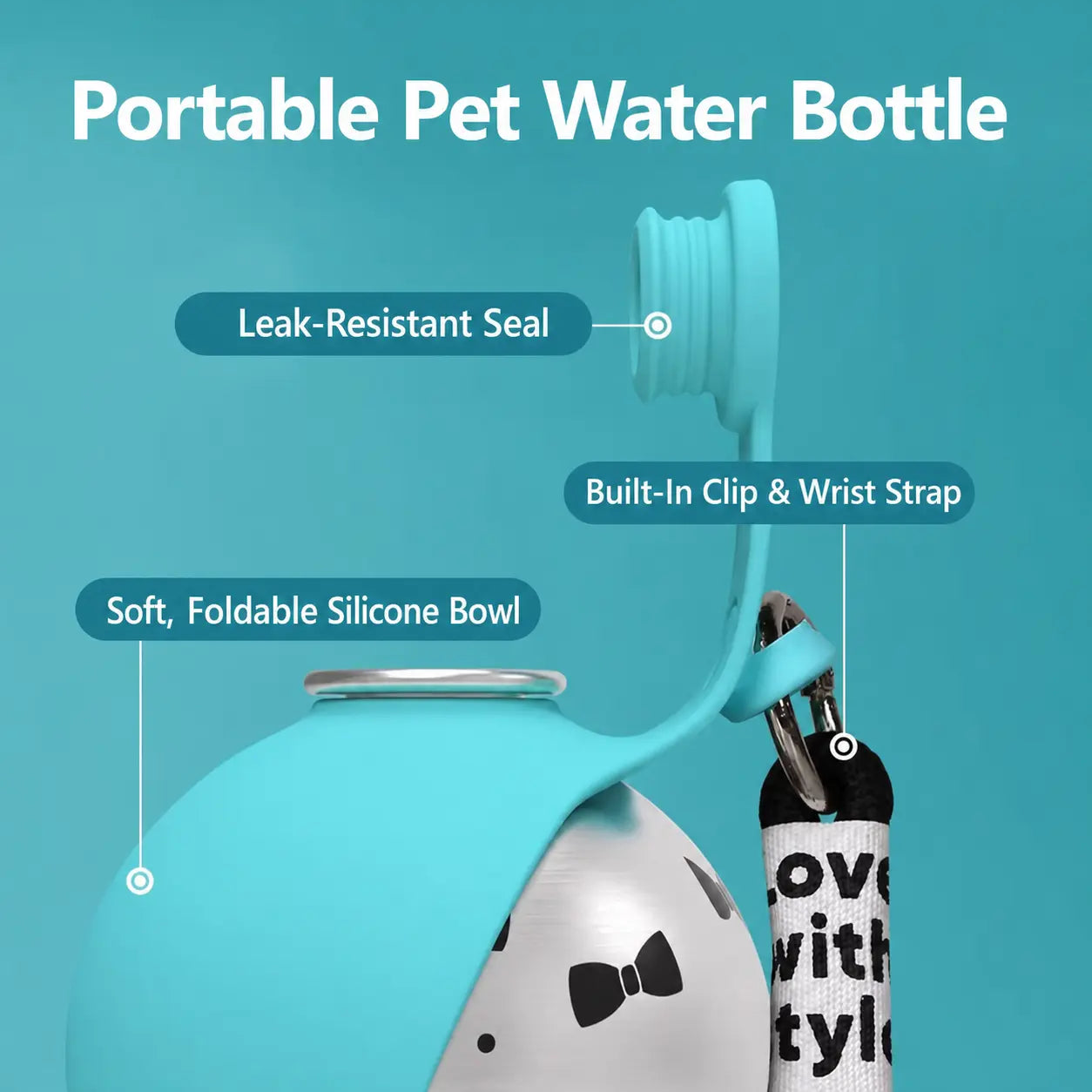 Ihubei 3-in-1 Stainless Steel Pet Water Bottle with Food-Grade Silicone Foldable Bowl - Stylish Hydration Solution for Dogs and Cats, 285ml