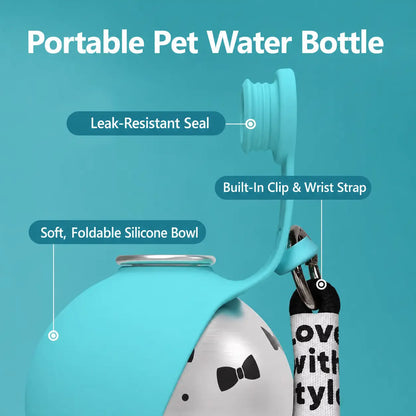 Ihubei 3-in-1 Stainless Steel Pet Water Bottle with Food-Grade Silicone Foldable Bowl - Stylish Hydration Solution for Dogs and Cats, 285ml