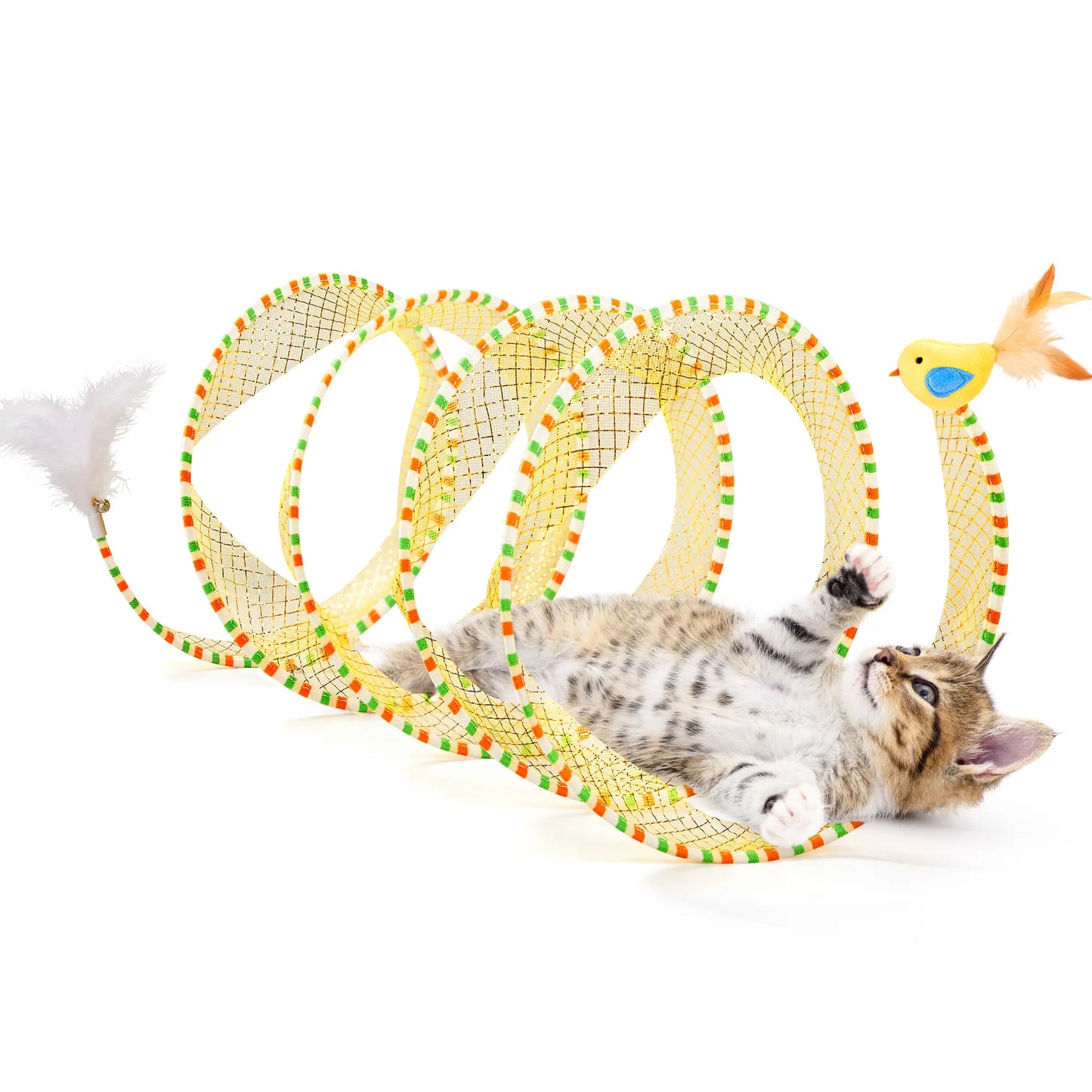 Potaroma Collapsible Spiral Cat Tunnel Toy with Feather and Bell for Indoor Kittens and Cats, 20 Inches Unfolded