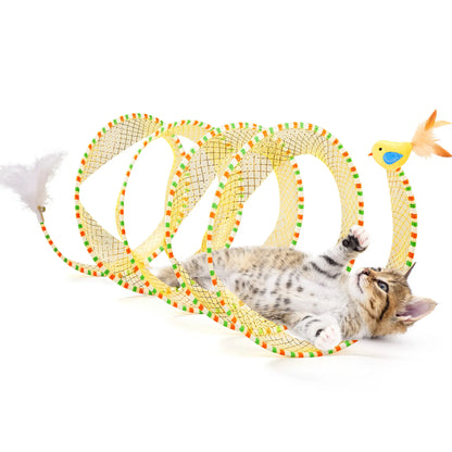 Potaroma Collapsible Spiral Cat Tunnel Toy with Feather and Bell for Indoor Kittens and Cats, 20 Inches Unfolded
