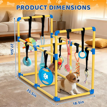 Indoor Puppy Play Set with PVC Frame, Velcro Rope, Foraging Snuffle Mat & 8 Toy Variety - Durable Training Aid for Interactive Indoor Enrichment for Small Dogs