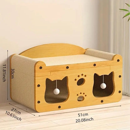 2-in-1 Cat Bed with Scratching Board - Durable Double Layer Design for Indoor Cats, Stylish and Comfortable Pet Furniture Suitable for Multiple Cats, All Seasons, Wooden Construction