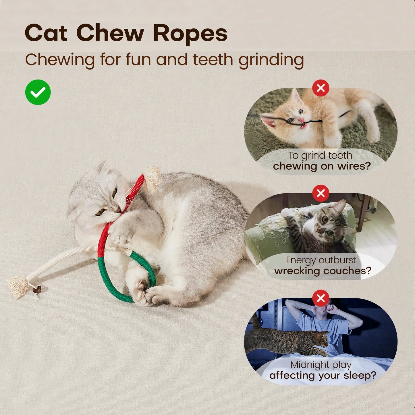 Potaroma 3-Pack Organic Cotton Snake-Shaped Interactive Cat Chew Ropes - Dental Care Toys for Indoor Kittens, Promotes Calmness, Reduces Tartar Buildup, Freshens Breath, Encourages Indoor Play