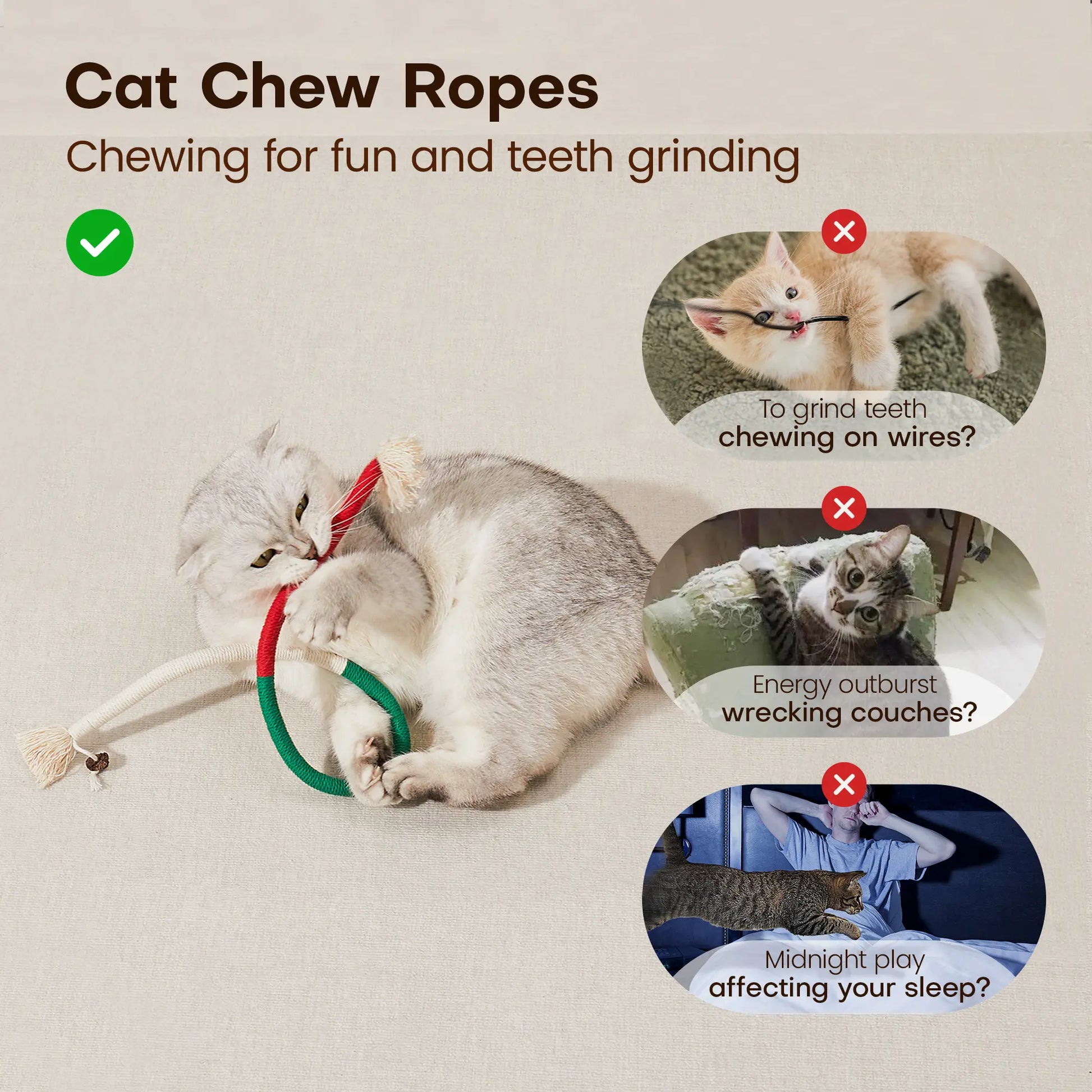 Potaroma 3-Pack Organic Cotton Snake-Shaped Interactive Cat Chew Ropes - Dental Care Toys for Indoor Kittens, Promotes Calmness, Reduces Tartar Buildup, Freshens Breath, Encourages Indoor Play