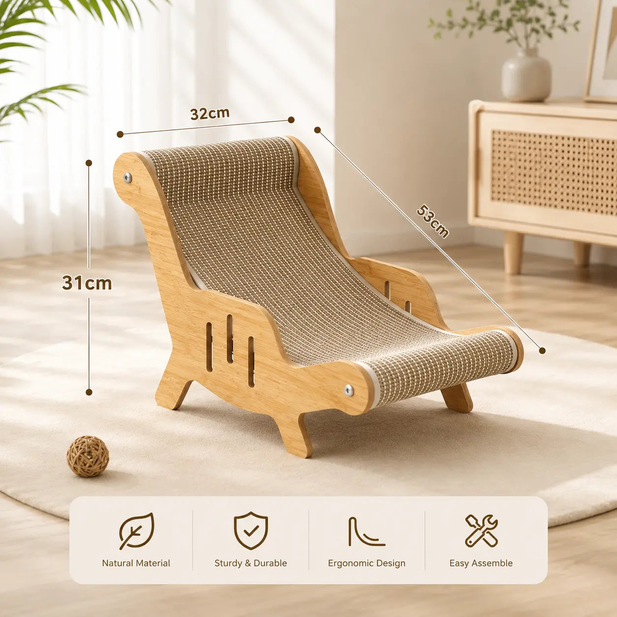 XL Size 2-In-1 Sisal Cat Scratcher with Hammock and Lounge Chair - Durable, Breathable All-Season Cat Bed for Claw Maintenance and Rest