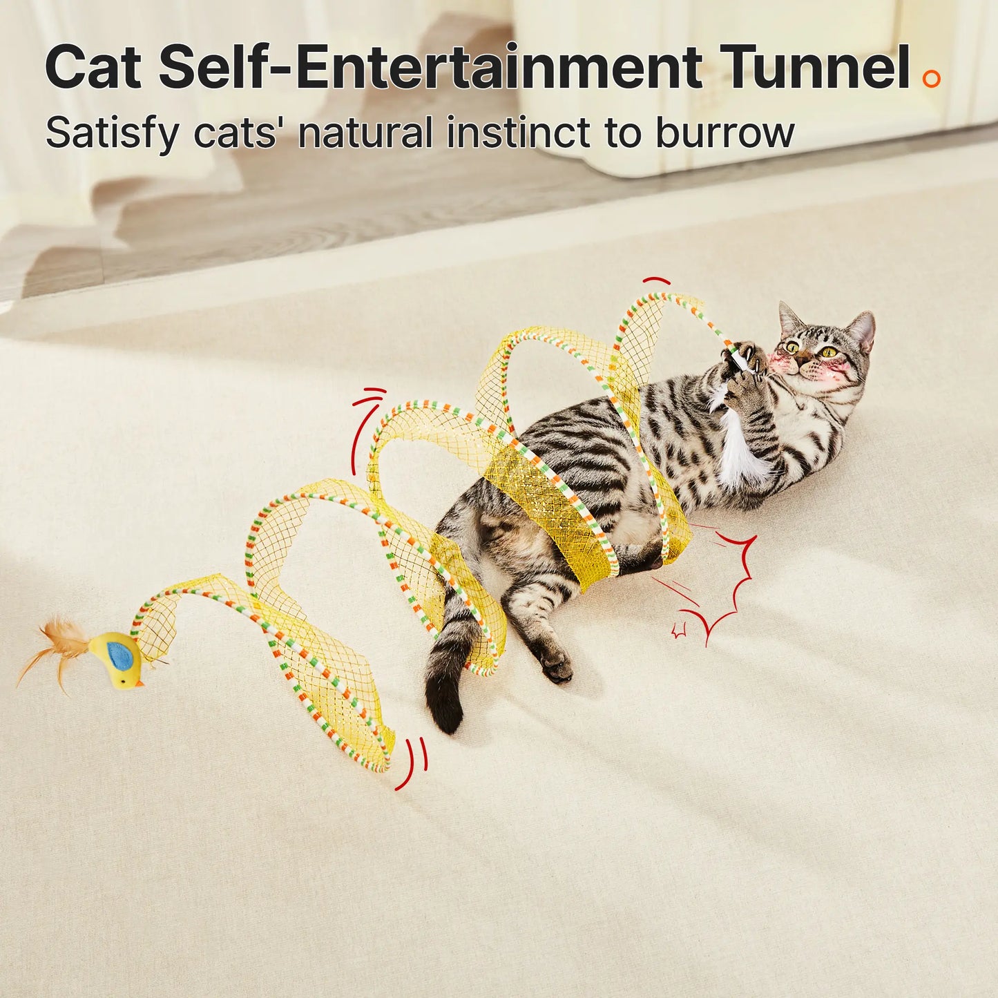 Potaroma Collapsible Spiral Cat Tunnel Toy with Feather and Bell for Indoor Kittens and Cats, 20 Inches Unfolded
