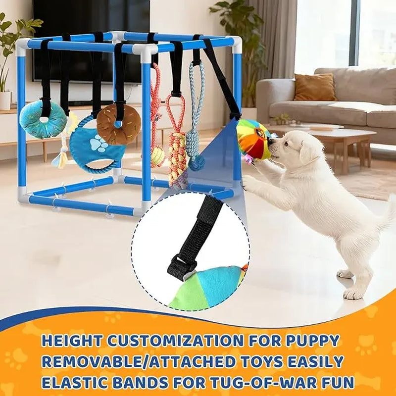 Indoor Puppy Play Set with PVC Frame, Velcro Rope, Foraging Snuffle Mat & 8 Toy Variety - Durable Training Aid for Interactive Indoor Enrichment for Small Dogs