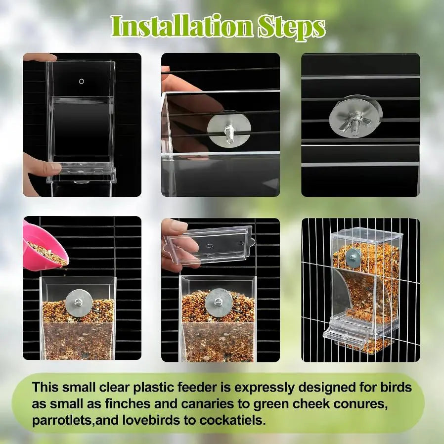 Automatic Clear Cage Bird Feeder with No-Drill Installation | Effortless Seed Dispenser for Parakeets, Cockatiels, Canaries, Lovebirds, Conures, and Cockatoos | Perfect for Small to Medium Birds and Avian Enthusiasts