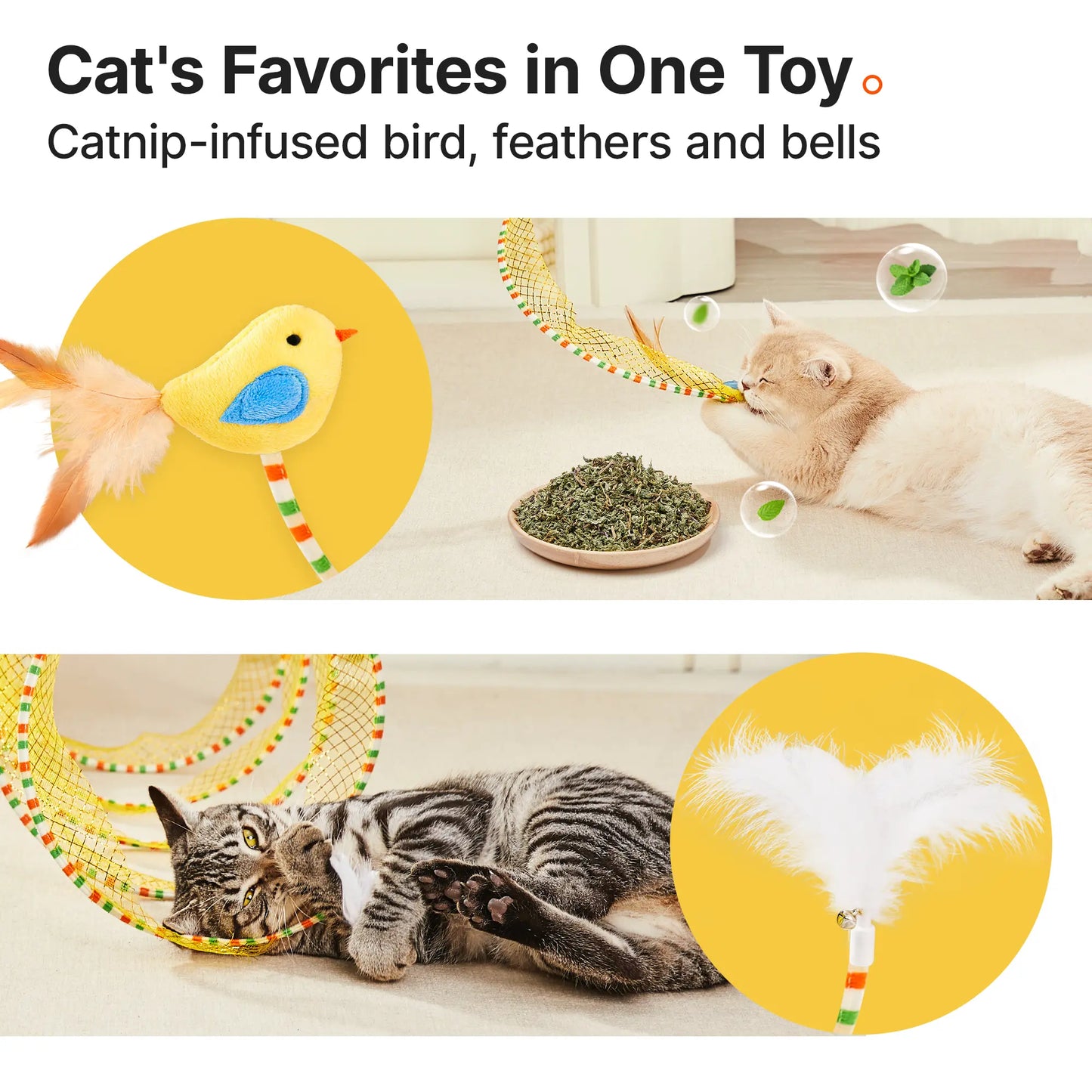 Potaroma Collapsible Spiral Cat Tunnel Toy with Feather and Bell for Indoor Kittens and Cats, 20 Inches Unfolded
