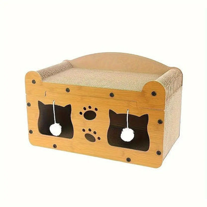 2-in-1 Cat Bed with Scratching Board - Durable Double Layer Design for Indoor Cats, Stylish and Comfortable Pet Furniture Suitable for Multiple Cats, All Seasons, Wooden Construction